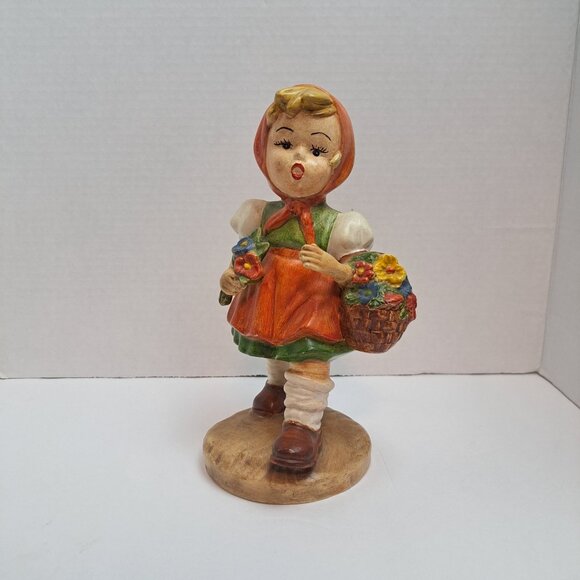 Red Riding Hood Girl Figurine Statue Chalkware Mold Handpainted Hummel Style - Picture 1 of 16